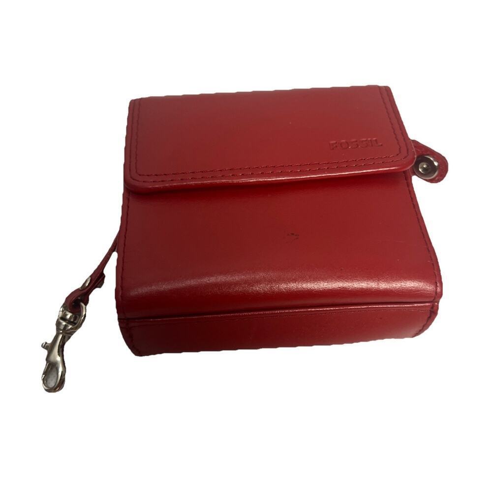 Fossil Leather Bifold Wallet Red Card Organizer Zip Coin Pouch